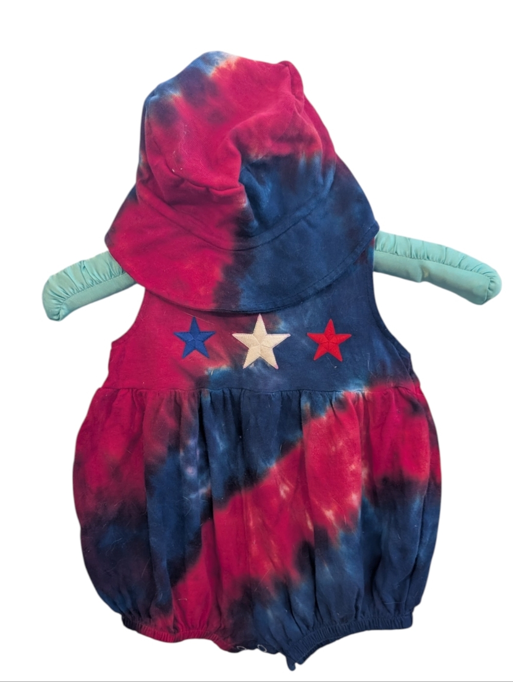 Vintage Infant Red White Blue Tie Dye Bubble Romper Matching Hat Outfit Size 6 M